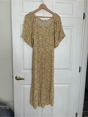 bobeau Yellow Floral Maxi Dress with Pink & Green Accents gardencore cottagecore